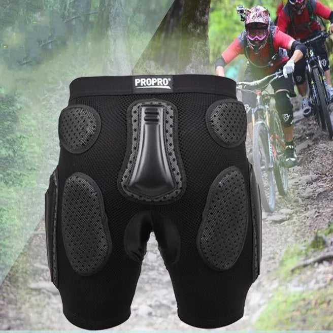 Black cycling protective pants with integrated hip and thigh impact foam pads on a mannequin