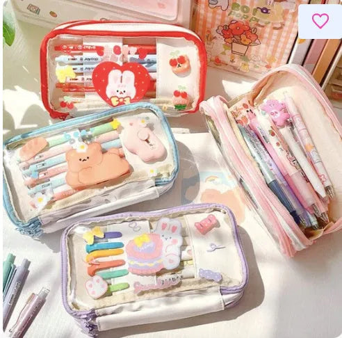 Japanese transparent heart pen bag with rabbit design showing pens inside