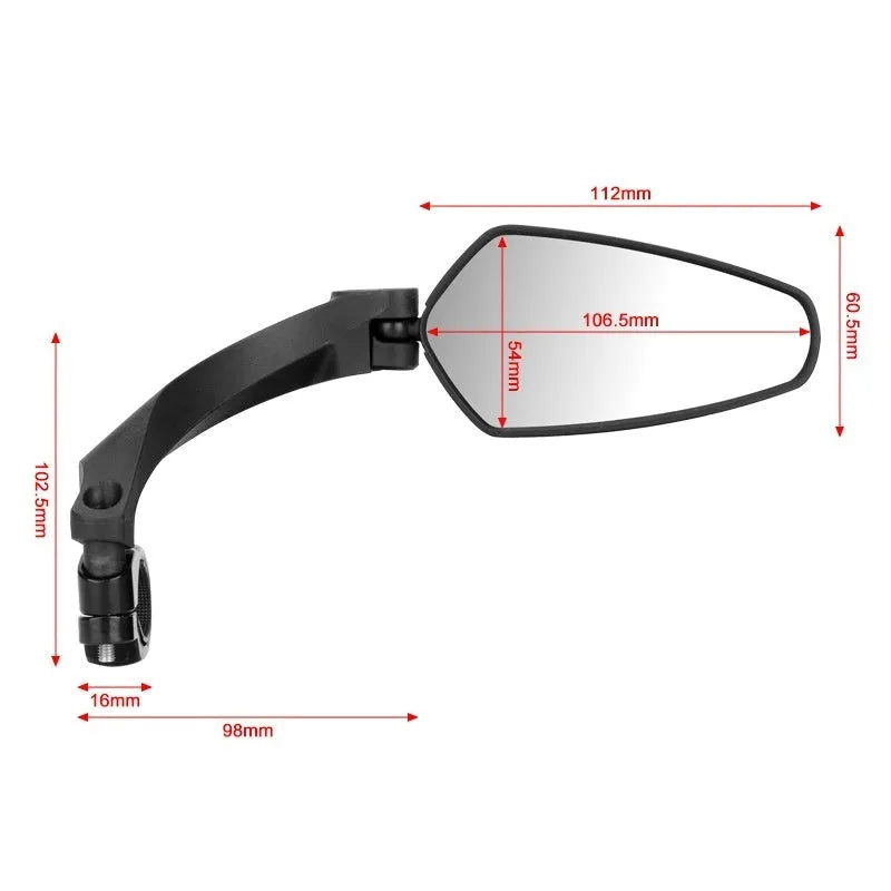 Black PMMA acrylic bicycle rearview mirror measuring 210mm by 102.5mm for left, right or pair installation