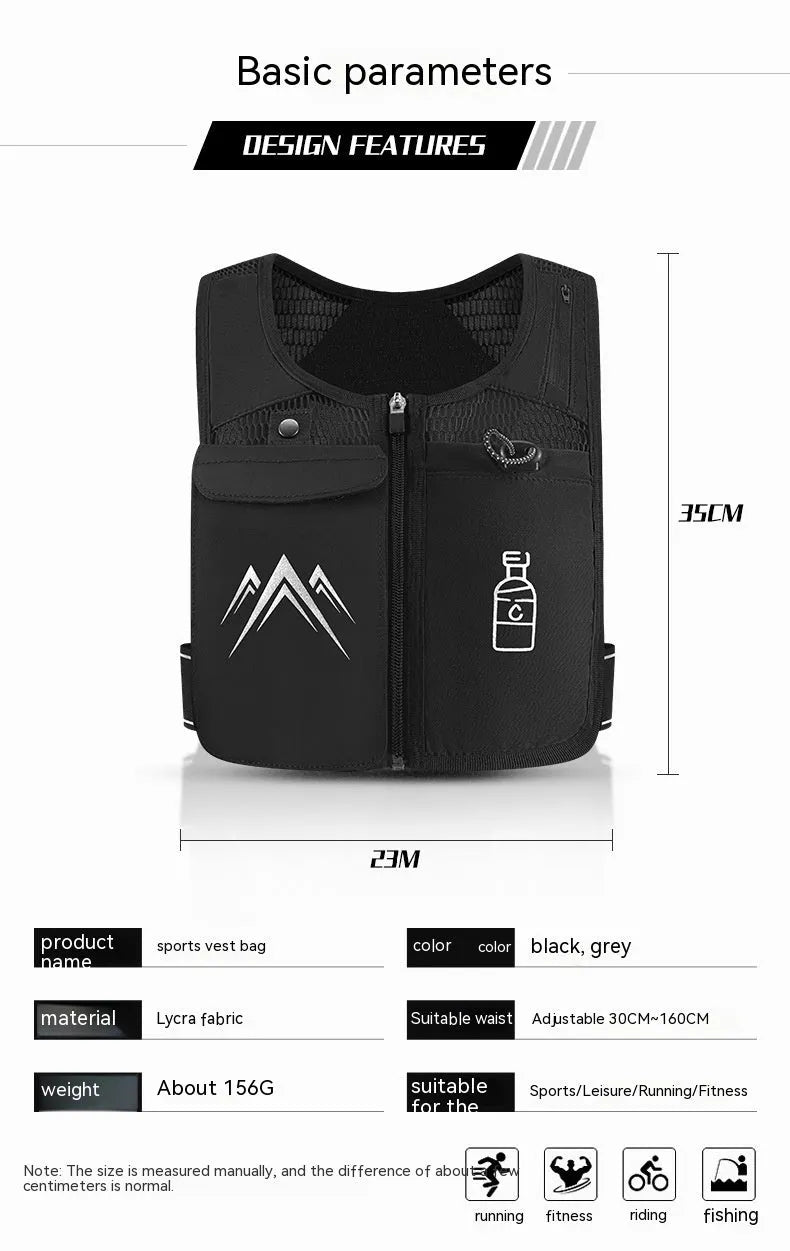 Classic black breathable mesh sports running vest with integrated mobile phone pocket on the front.
