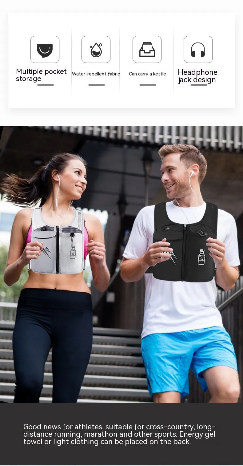 Classic black breathable mesh sports running vest with integrated mobile phone pocket on the front.
