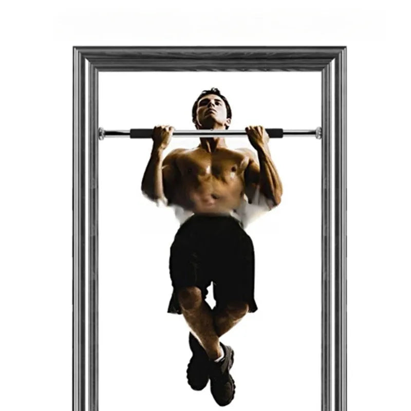 Steel adjustable pull-up bar extended between door frames for home fitness training