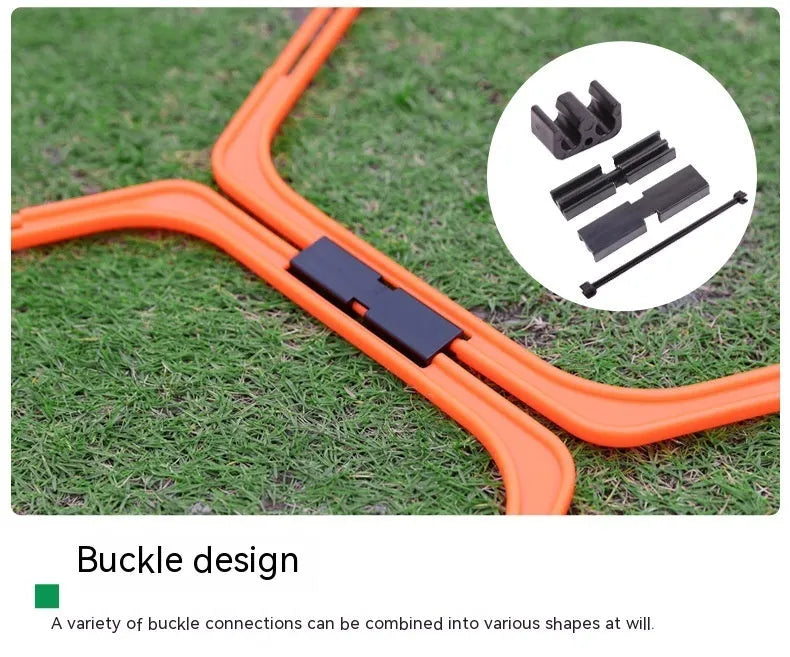 Set of six bright green, orange, and yellow foldable hexagon football agility training rings laid out on grass.