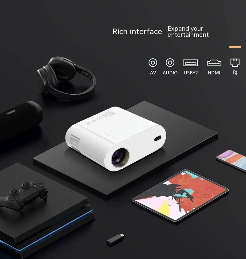 White T07 Full HD Smart Projector with remote control on stand