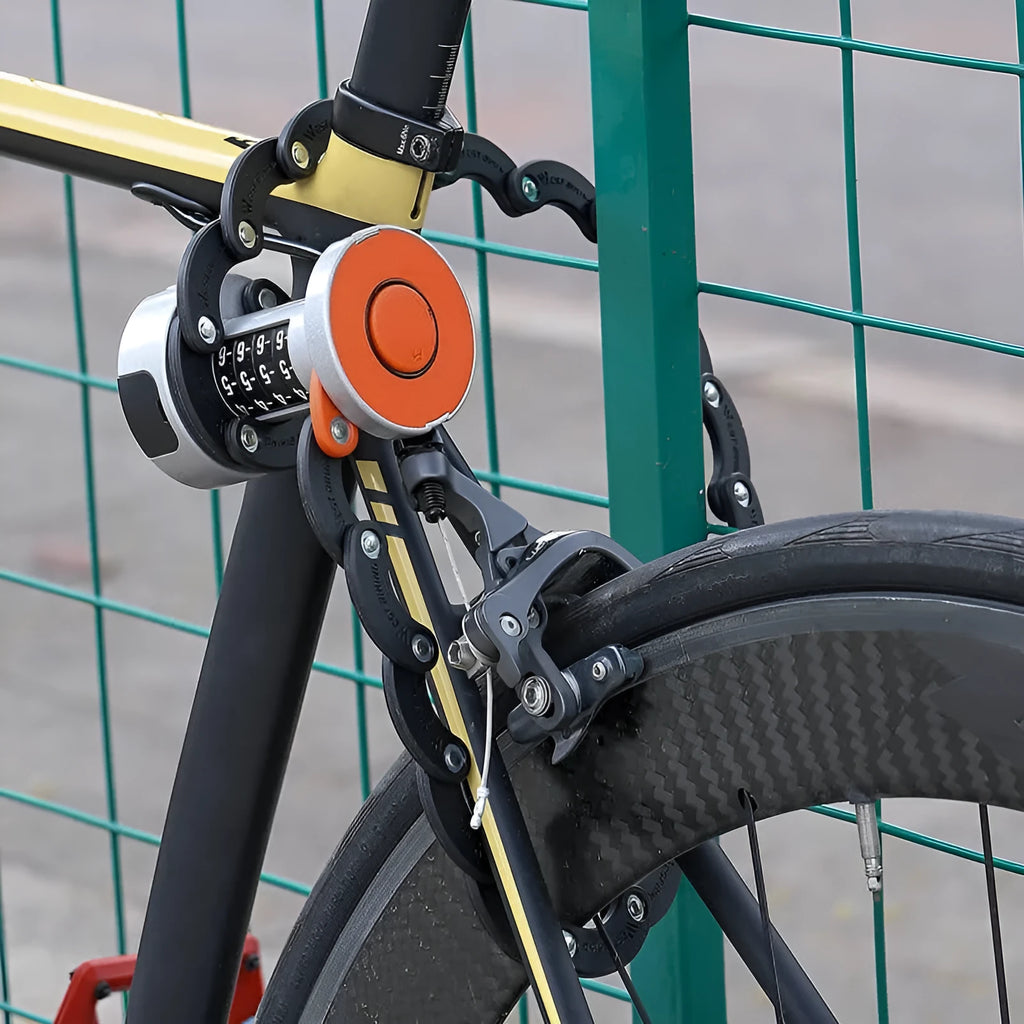 Black folding bicycle lock shown extended for use and folded for storage