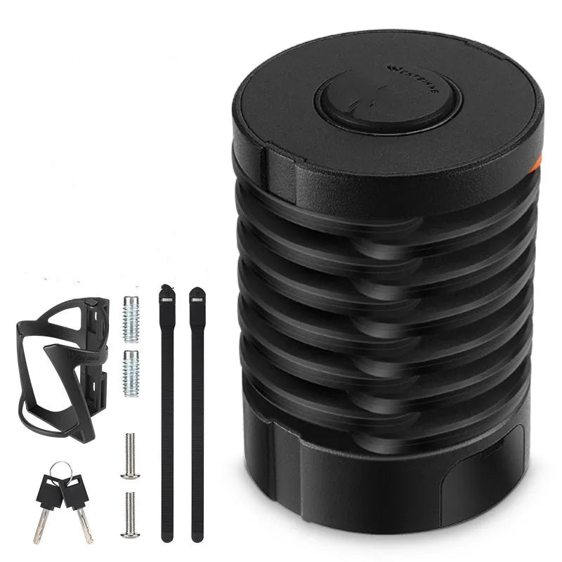 Black folding bicycle lock shown extended for use and folded for storage