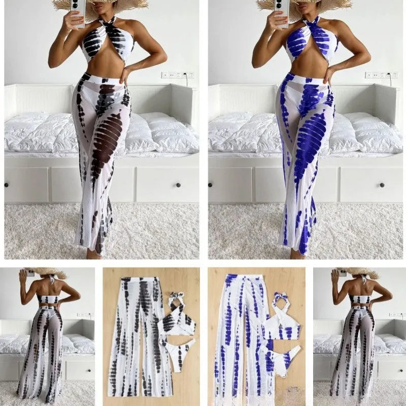 Three-piece women's swimsuit set with bikini top, bottoms, and matching mesh trousers