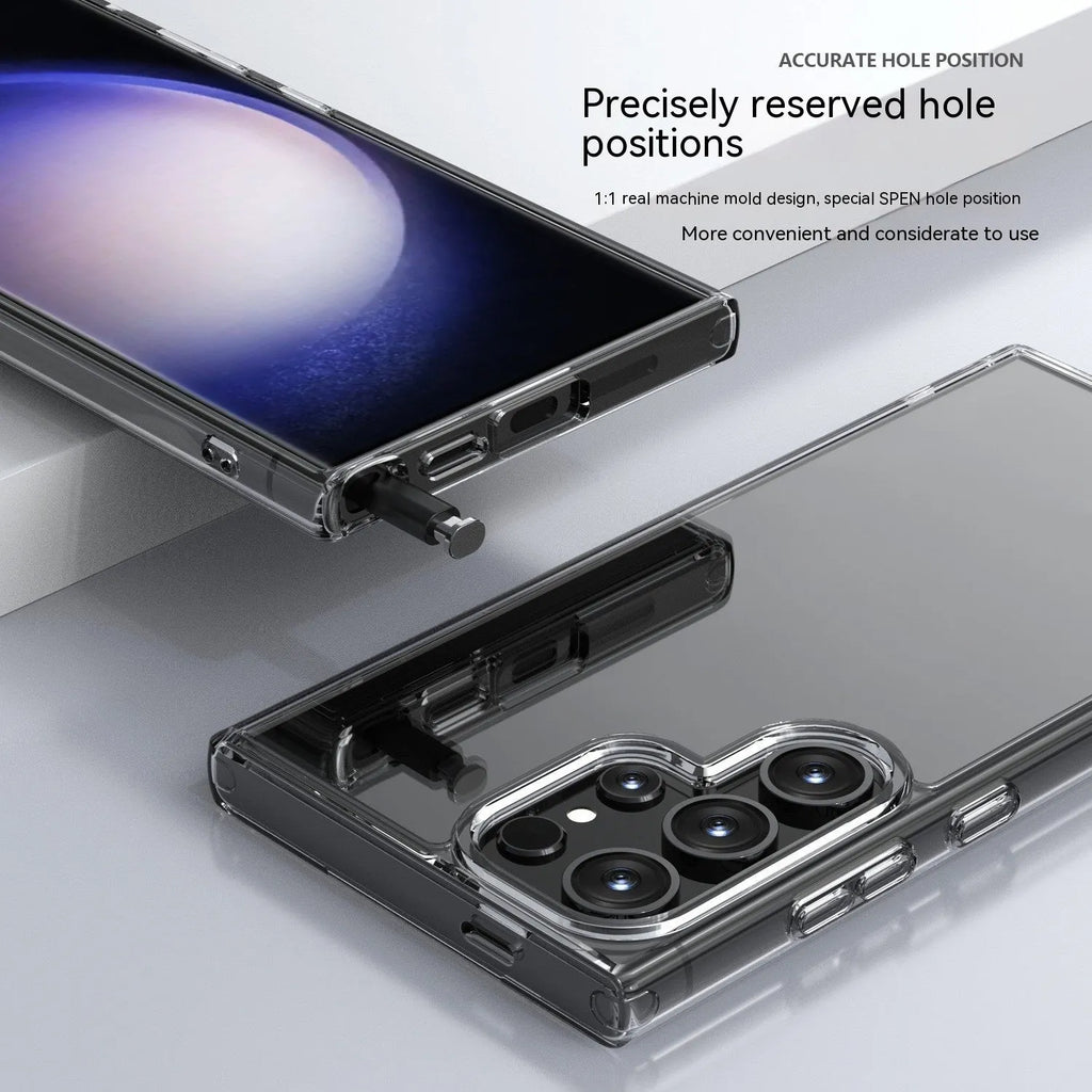 Transparent TPU PC phone case for Samsung S23 Ultra showing drop-resistant back cover design