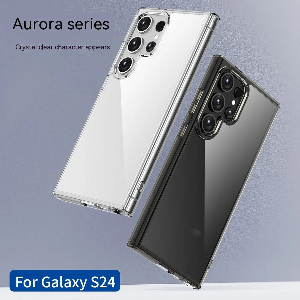Transparent TPU PC phone case for Samsung S23 Ultra showing drop-resistant back cover design