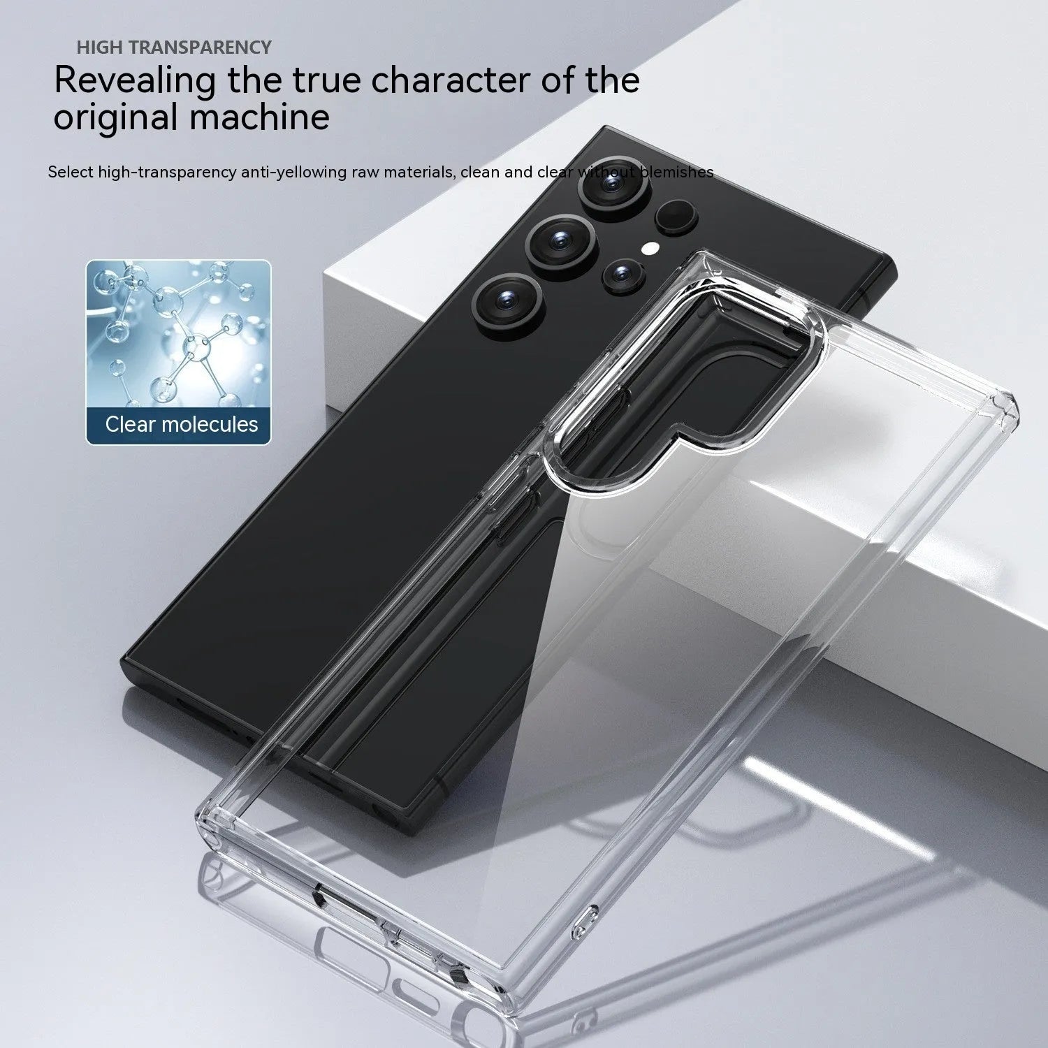 Transparent TPU PC phone case for Samsung S23 Ultra showing drop-resistant back cover design