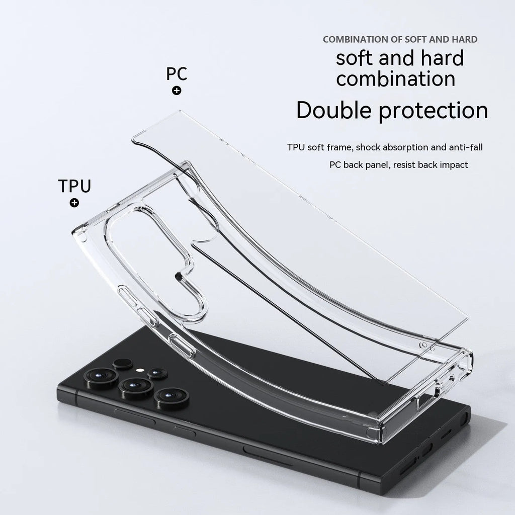 Transparent TPU PC phone case for Samsung S23 Ultra showing drop-resistant back cover design
