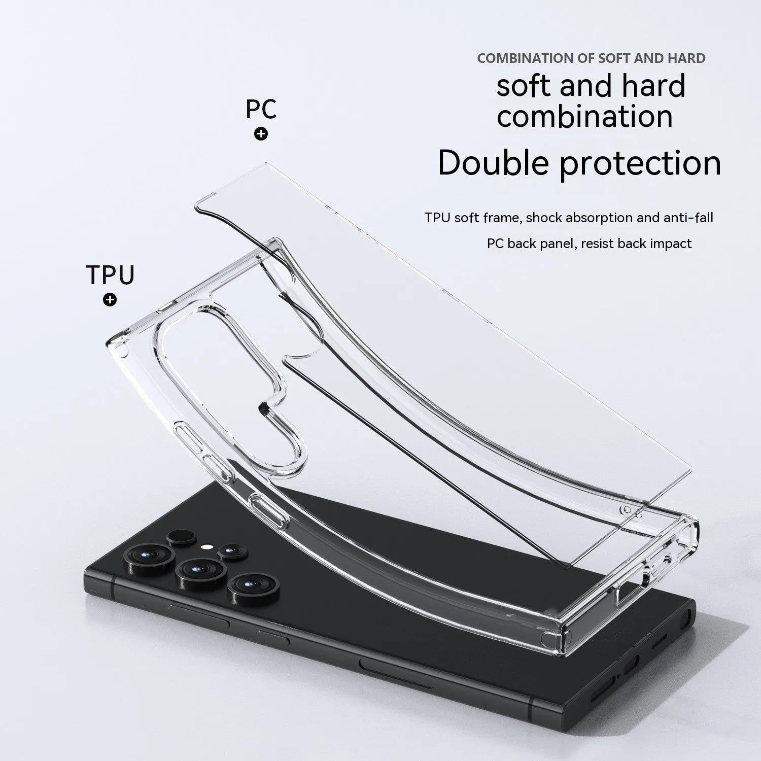 Transparent TPU PC phone case for Samsung S23 Ultra showing drop-resistant back cover design