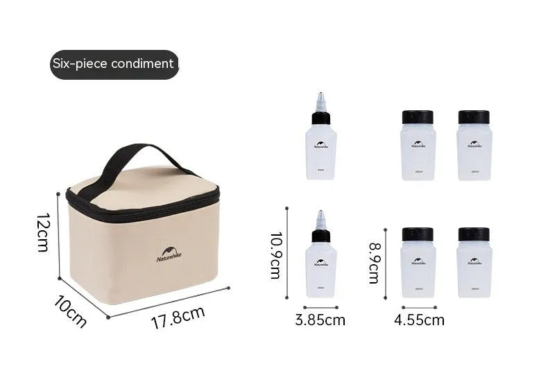 Naturehike portable six-piece plastic seasoning bottle set for outdoor picnics and camping.