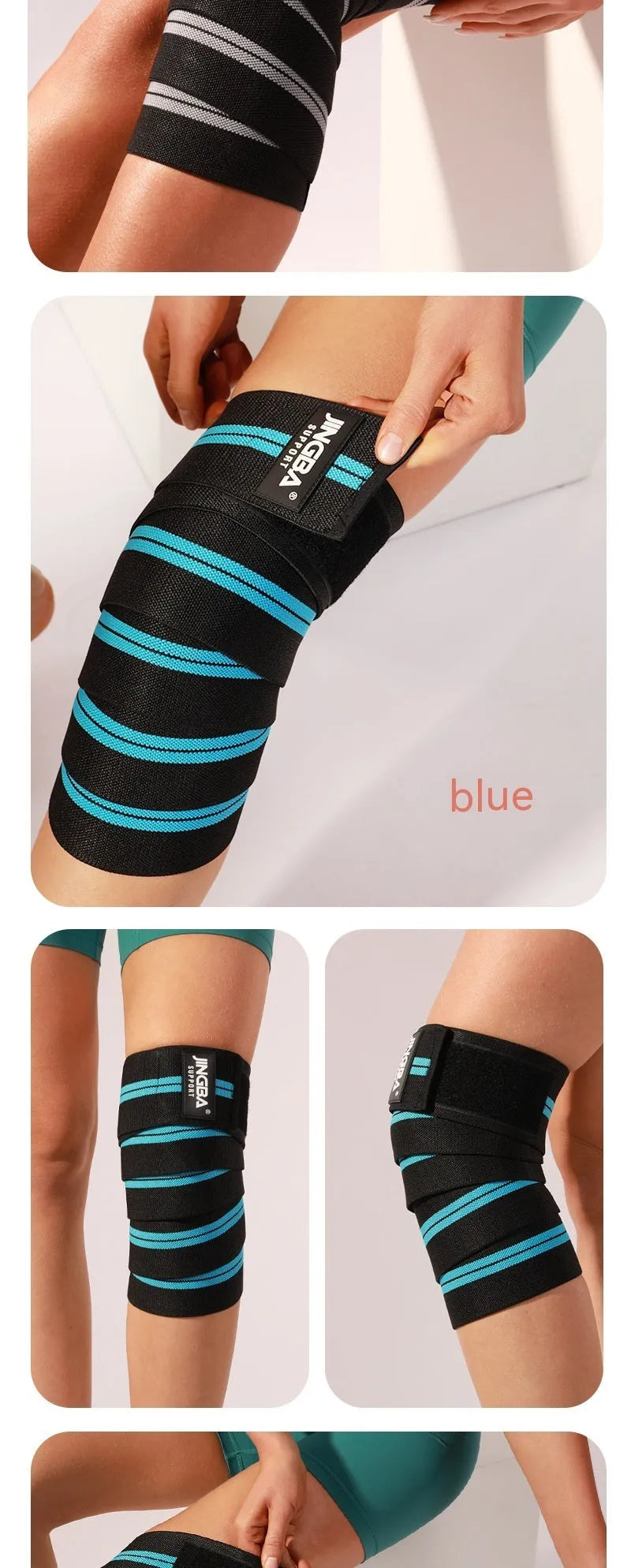 Adjustable adult knee pads for sports in blue, grey, red, and yellow colours.