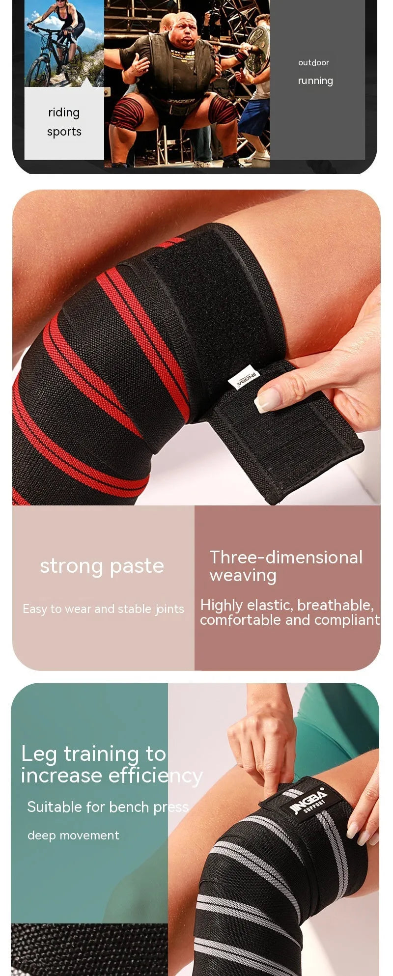 Adjustable adult knee pads for sports in blue, grey, red, and yellow colours.