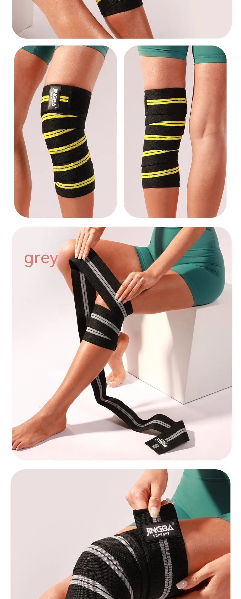 Adjustable adult knee pads for sports in blue, grey, red, and yellow colours.