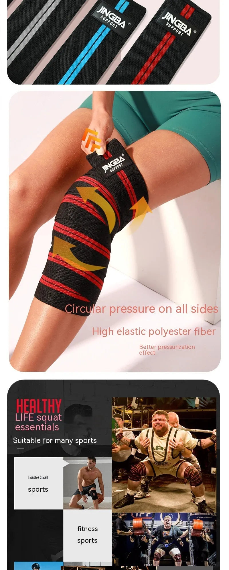 Adjustable adult knee pads for sports in blue, grey, red, and yellow colours.