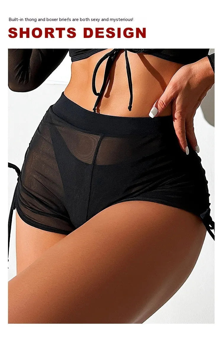 Black mesh four-piece bikini swimsuit with long sleeves for women
