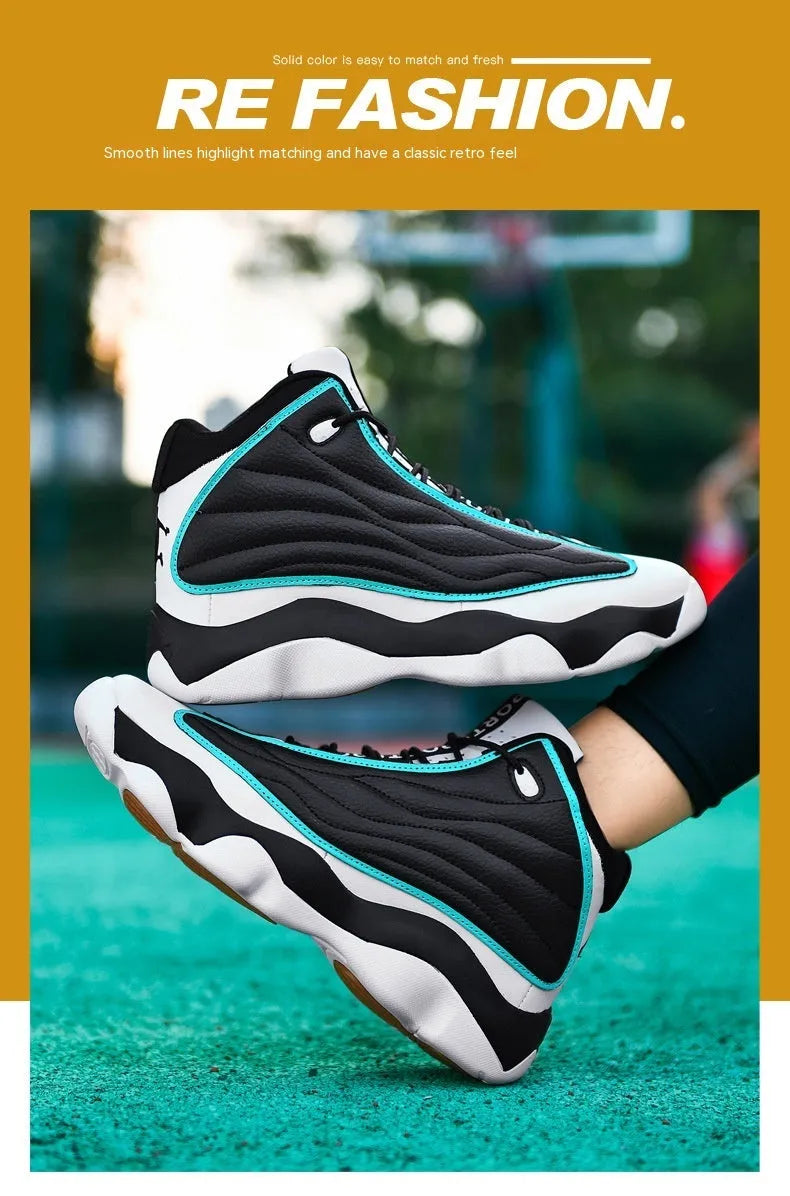 Men's high-top basketball shoes in AJ13 colourways with mesh upper and rubber sole.