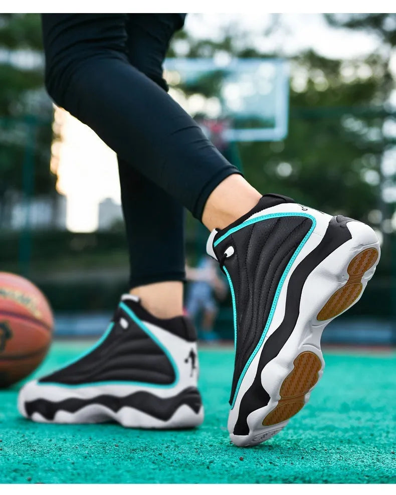 Men's high-top basketball shoes in AJ13 colourways with mesh upper and rubber sole.