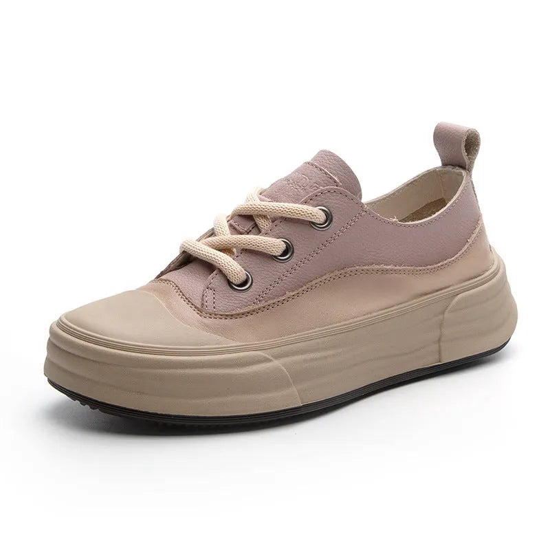 Women's genuine cowhide leather platform sneakers in matcha green, purple, and orange colours with lace-up front