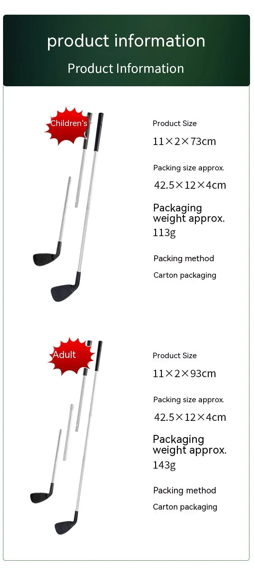 Metal golf club set showing adult and children's colour options for outdoor sports practice