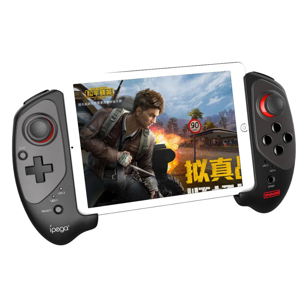 Red telescopic Bluetooth gamepad controller expanded to hold mobile device with USB cable