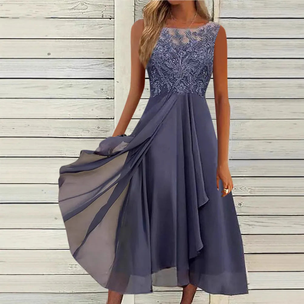 Women's sleeveless chiffon dress with lace stitching in blue, green, or purple.