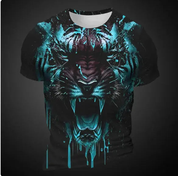 Men's grey T-shirt with a detailed 3D tiger head pattern printed on the front.