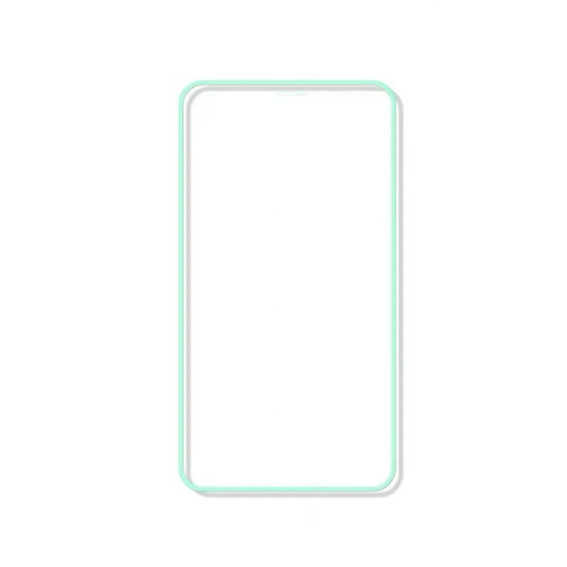 Luminous full cover tempered glass screen protector glowing green in the dark for iPhone.