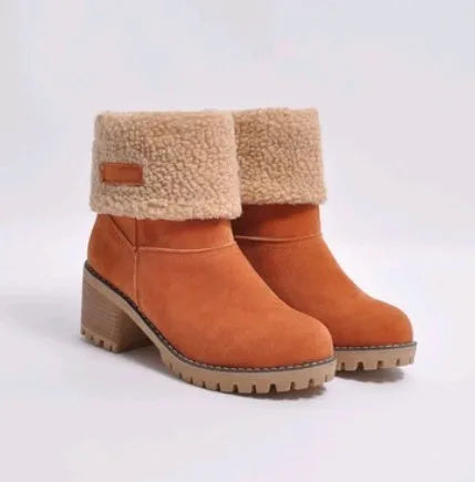 Women's mid-calf suede snow boot with thick heel on a waterproof platform.