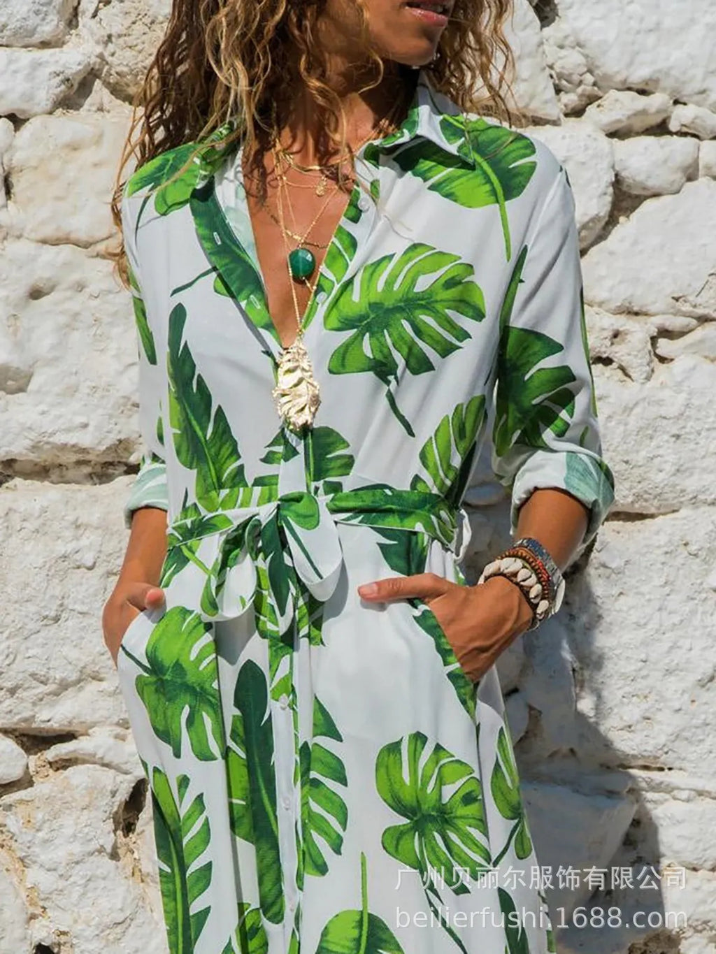 Women's printed chiffon V-neck dress with an A-line skirt on a hanger.
