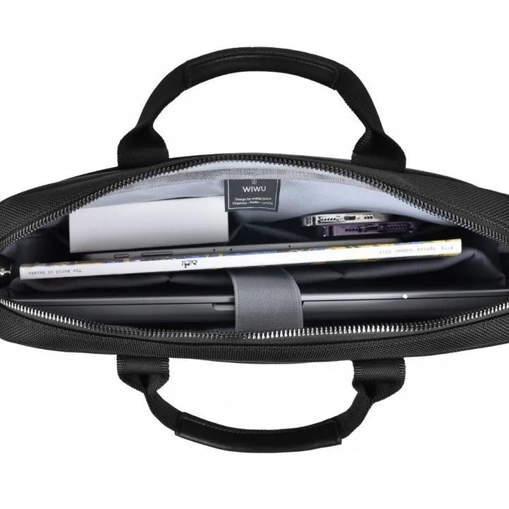 Black Oxford cloth laptop backpack showing multiple organisational pockets and a lock on the front.