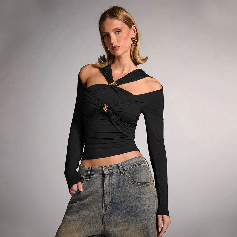 Black women's halter top with long sleeves and slim fit design