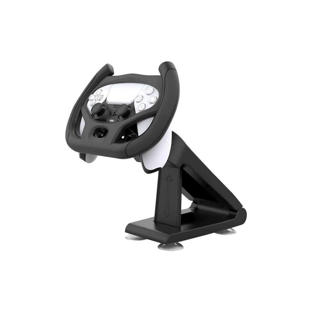 Black ABS plastic steering wheel bracket with suction cup for mounting a mobile gamepad controller.
