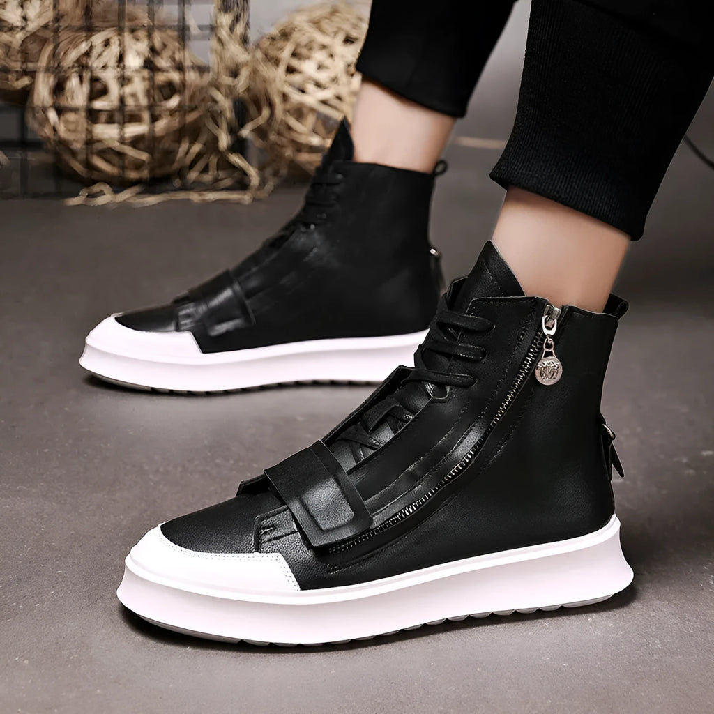 PU leather men's winter ankle boots in high-top sneaker style, black and white options