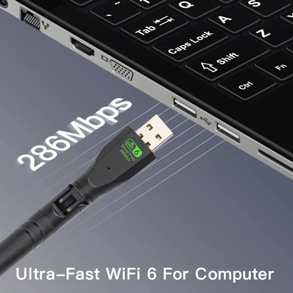 Black USB WiFi6 wireless network card with driver software included for desktop and laptop connectivity
