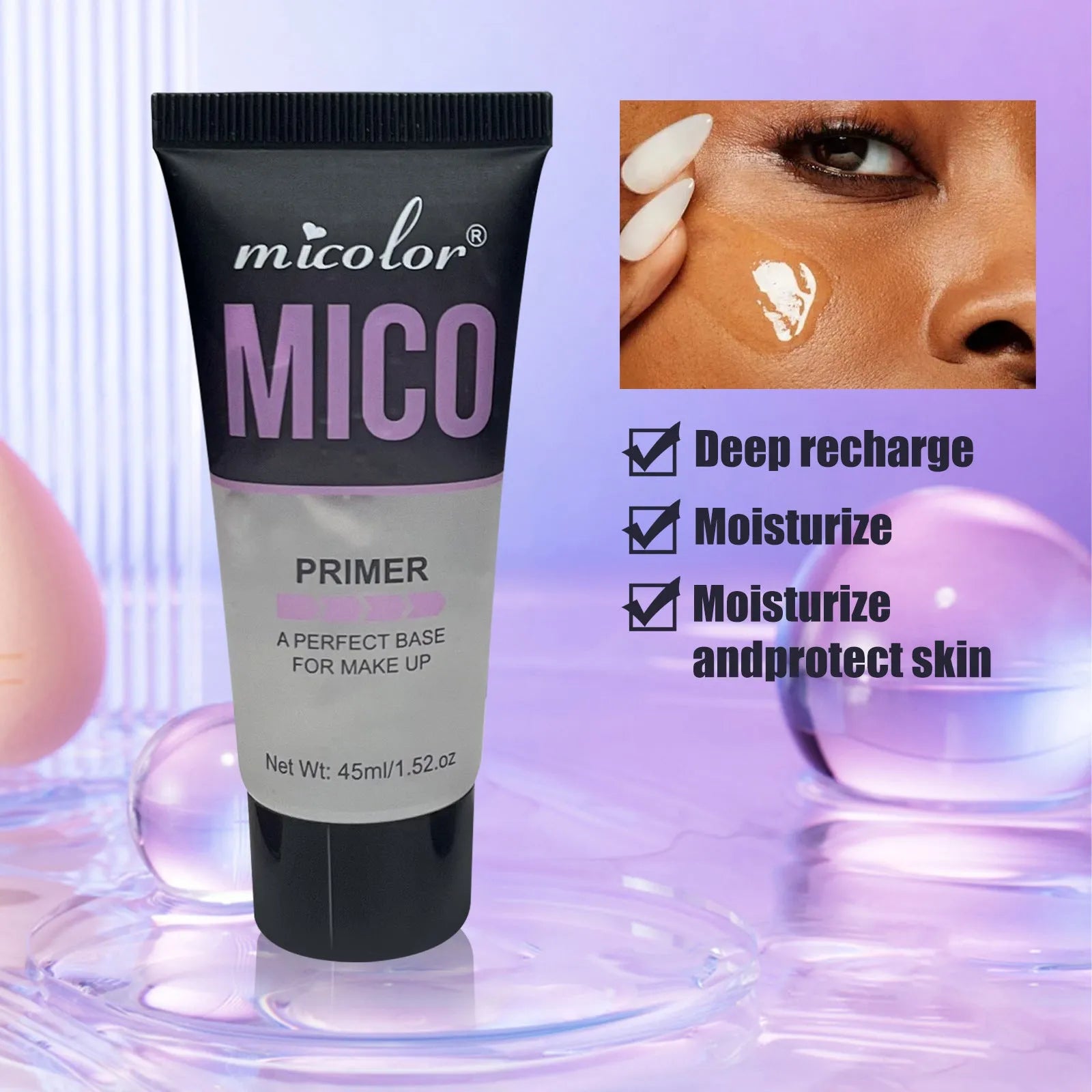 Makeup primer and setting spray duo with 45ml and 40ml bottles in monochrome packaging
