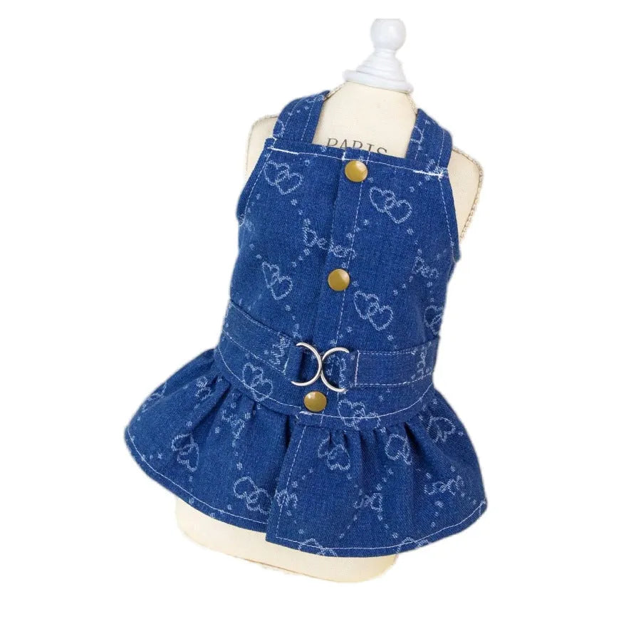 Small dog wearing a light blue denim princess dress with a bracket skirt, suitable for spring or autumn.