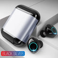 Black Bluetooth TWS wireless earbuds with a charging case, shown with gold and light grey colour options.