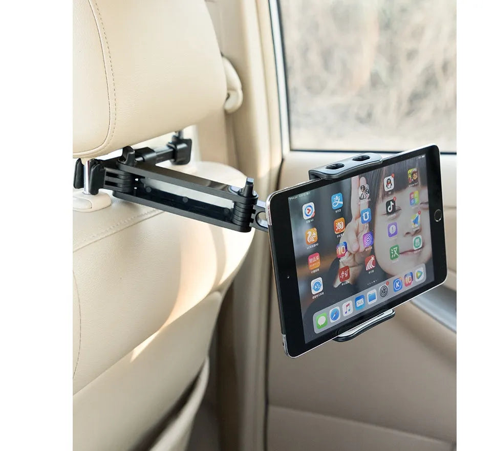 Black universal car phone and tablet holder with snap-in base for mounting on rear car seats.