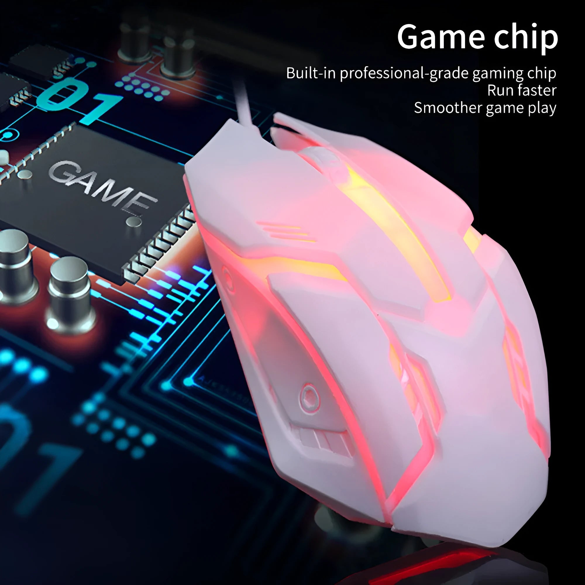 Black wired computer mouse with colourful side glow lighting and USB cable