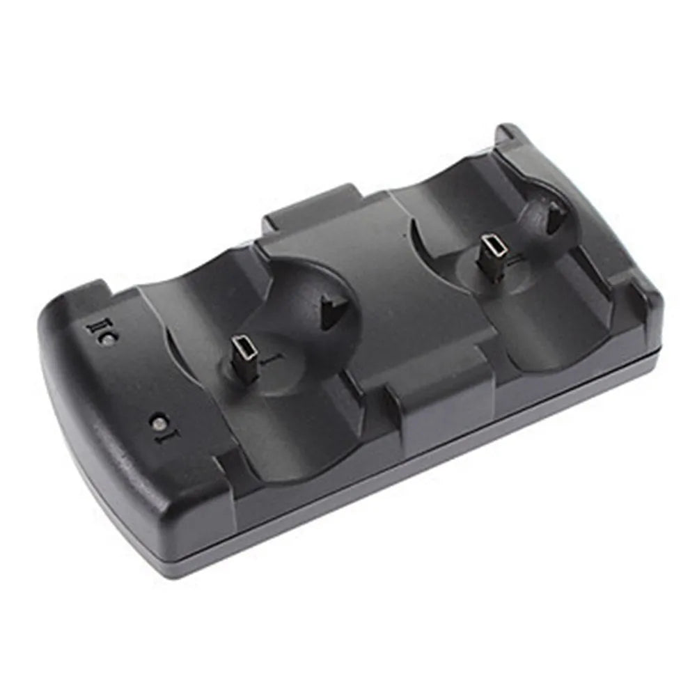Black PS3 dual controller charging dock with two controller slots and USB cable