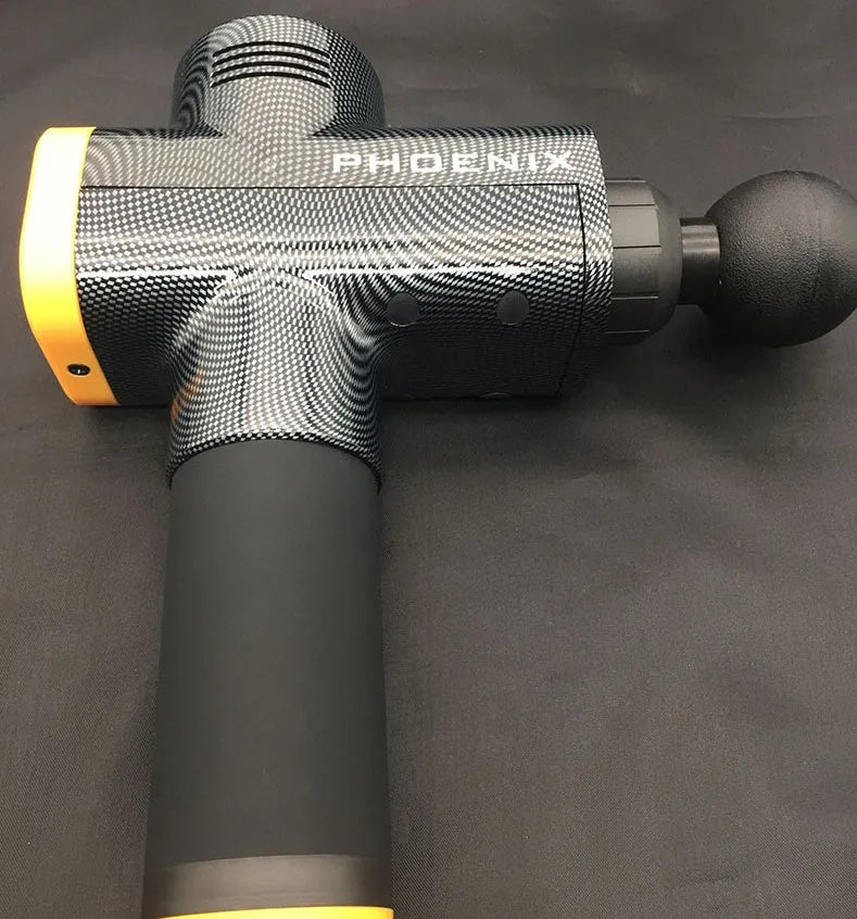 ABS plastic percussion massage gun with four interchangeable massage heads for deep tissue therapy