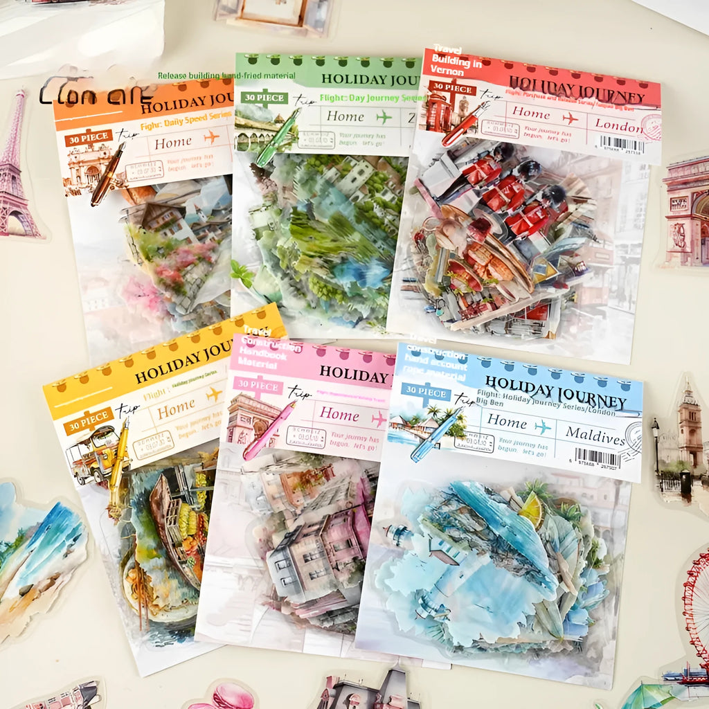 Holiday Journey Series architecture journal stickers with seven landmark designs in retro style
