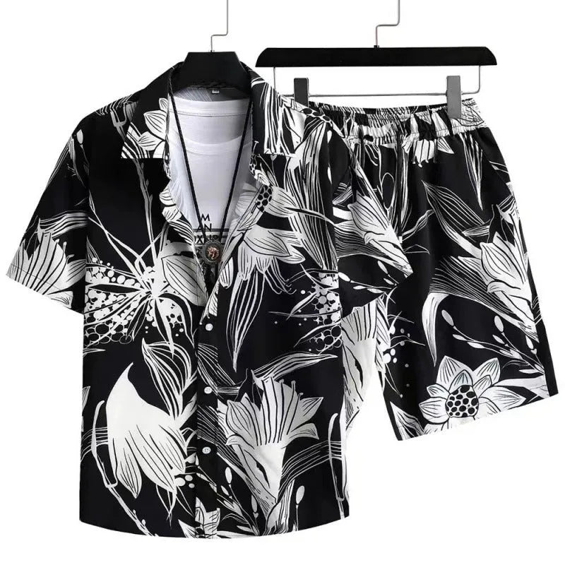 Men's digital print cardigan and matching shorts suit set in polyester fabric.