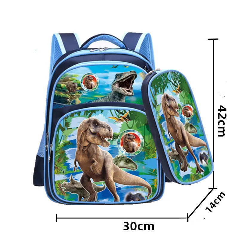 Blue cartoon print children's nylon school backpack with pencil case, shown with front pocket.
