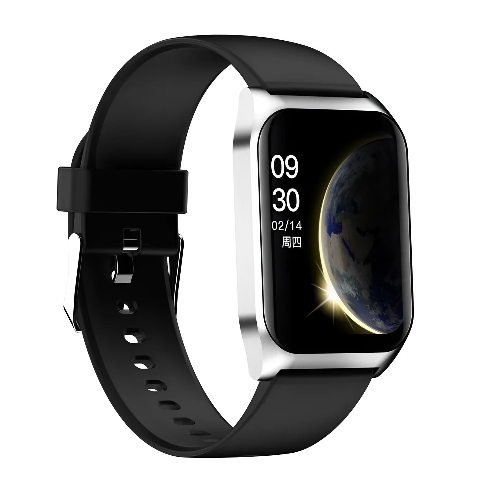Black or silver smart watch with 1.69 inch screen showing heart rate display and Bluetooth connectivity