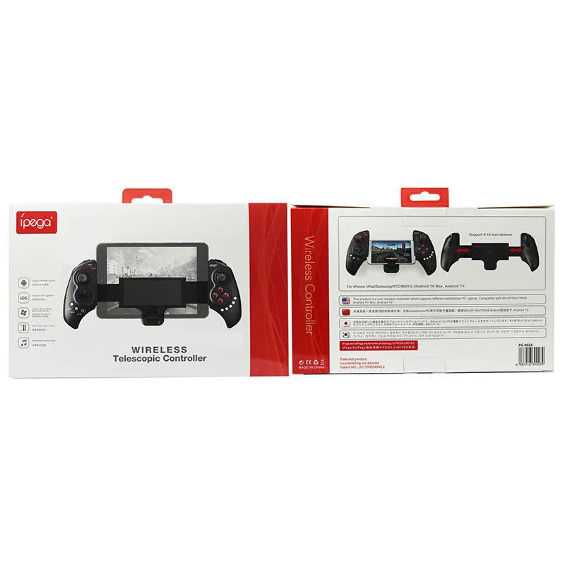 Wireless telescopic mobile game controller extended with phone inserted, showing buttons and adjustable grip