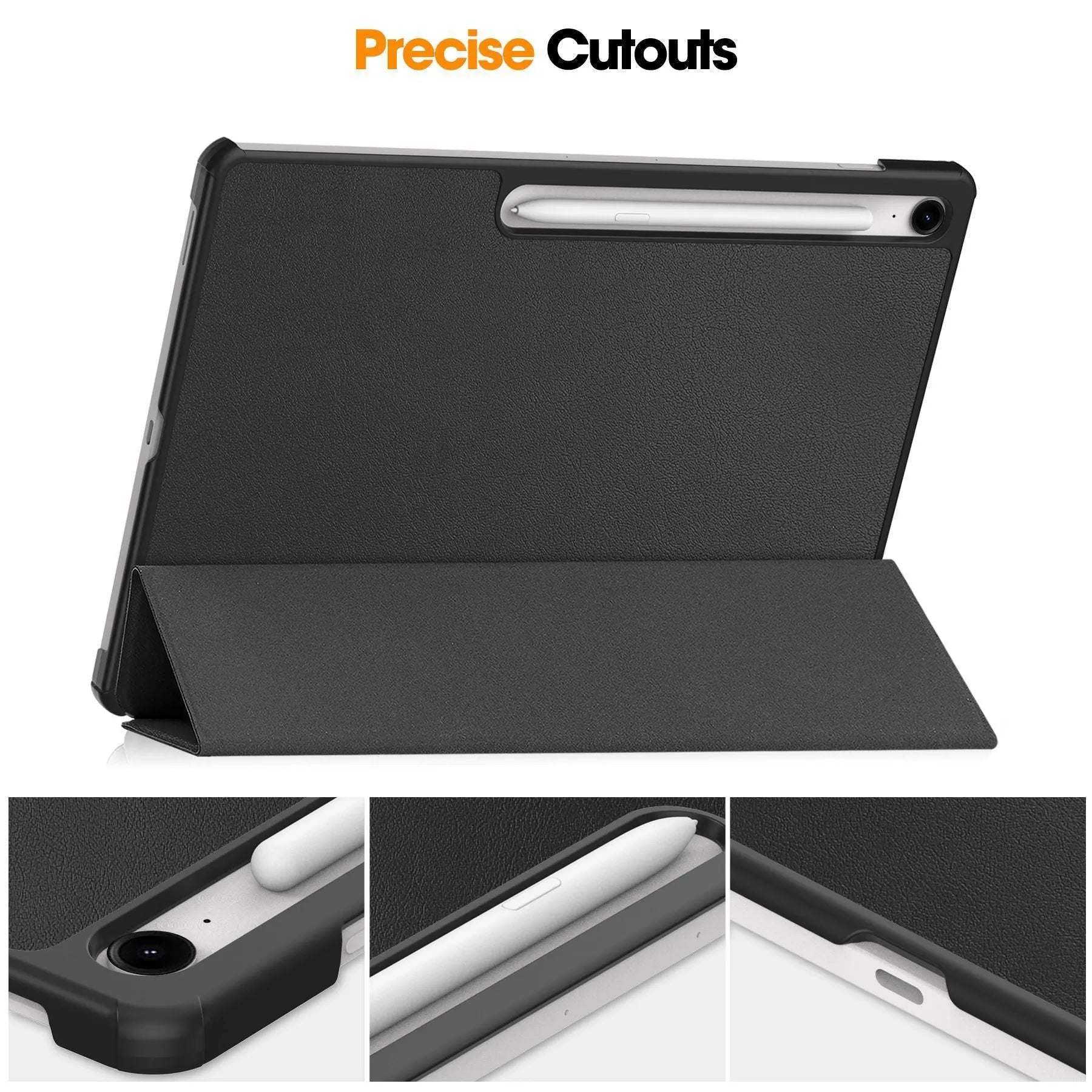 Samsung Galaxy Tab S10 FE Plus 13.1-inch leather case in tri-fold stand position, showing PC shell and fabric interior.